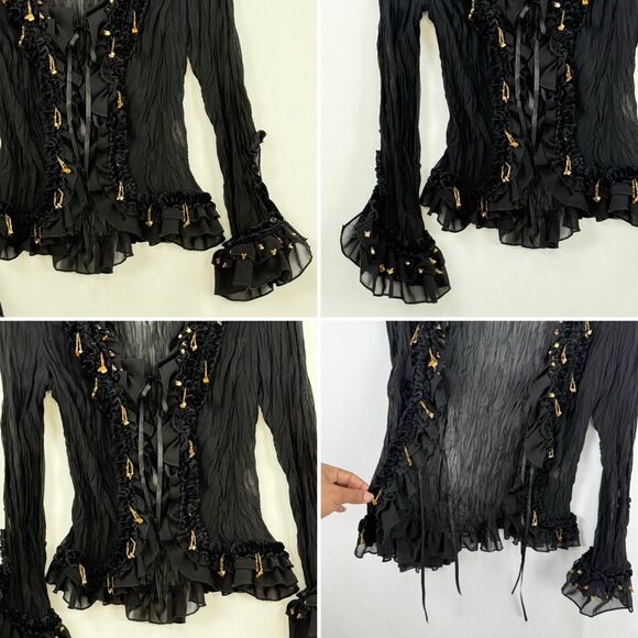 Lucy Collection Black Sheer Ruffle Beaded Tie Front Blouse Top S/M Boho Party - Picture 12 of 16